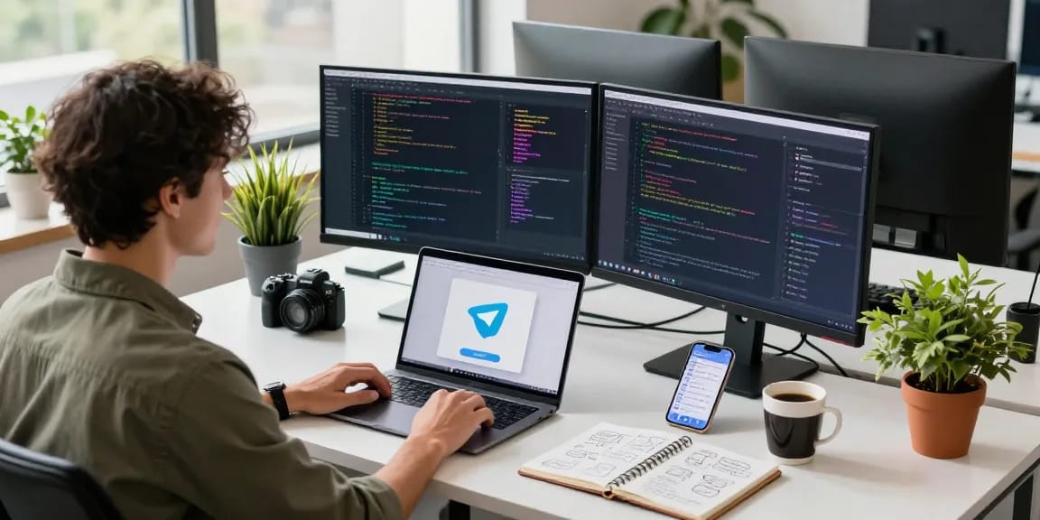 Download Telegram from the sleek desk of a tech workspace, showcasing productivity with dual monitors and a modern developer environment.