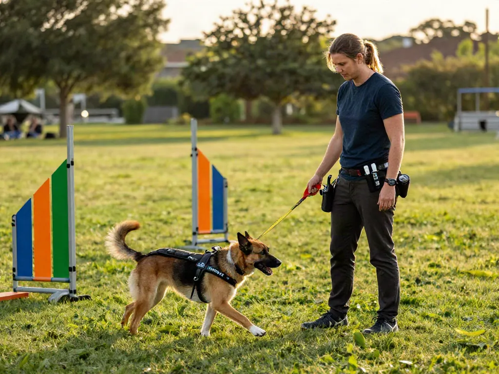 Dog training with ROKOK88 gear in a sunny park, showcasing active pet lifestyle.