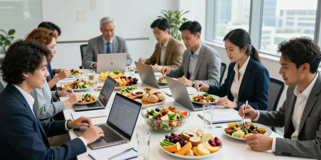 Gezellige lunch met catering voor bedrijven in een moderne kantooromgeving met mediterrane gerechten.