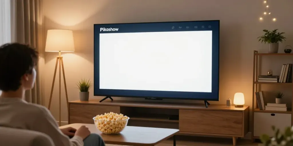 Enjoying Pikashow for PC in a cozy living room with a large screen and ambient lighting.