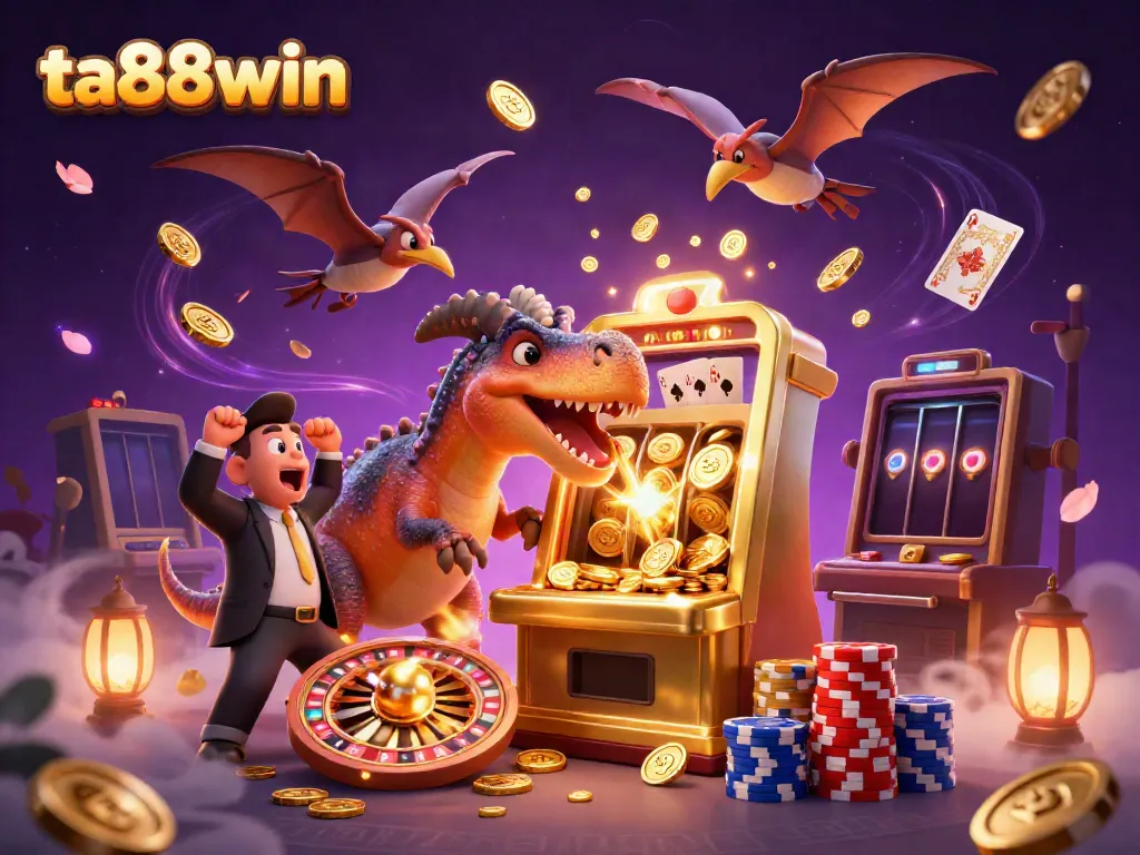 Catch golden jackpot coins in the exciting ta88win online casino scene with cartoon dinosaurs.