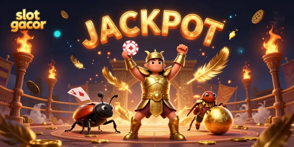 Engage in slot gacor with vibrant 3D illustration showcasing gladiator beetles and jackpot themes
