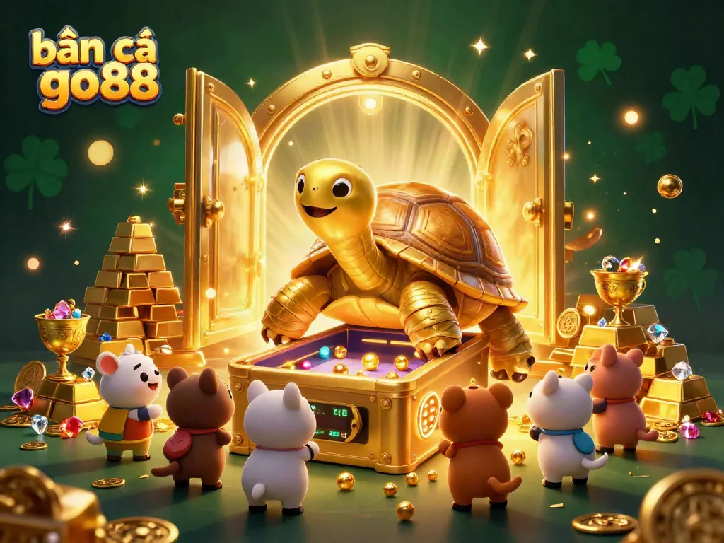 Experience the excitement of bắn cá go88 with golden treasure and animated sea creatures.