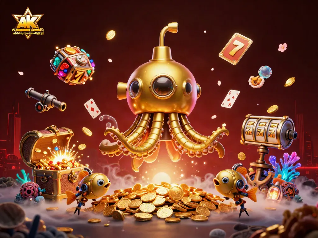 Engage with ahimajournal-digital's dynamic 3D casino scene featuring a kraken submarine, slot elements, and immersive decorations.