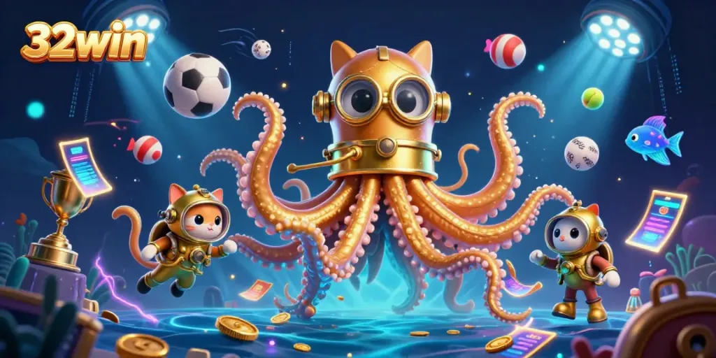 Engage in exhilarating action at 32win with a vibrant cartoon kraken and diving cat amidst thrilling sports elements.