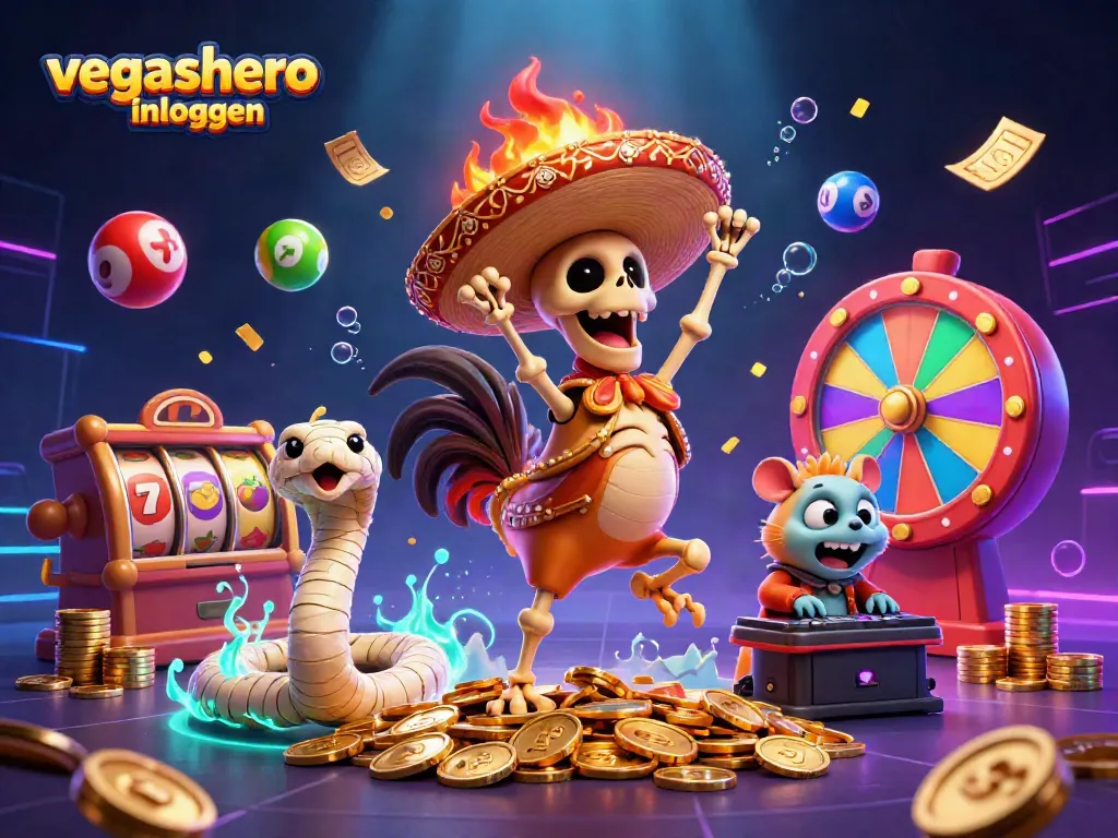 Engage in vibrant casino excitement with vegashero inloggen as characters celebrate amidst slot reels and dynamic gaming elements.