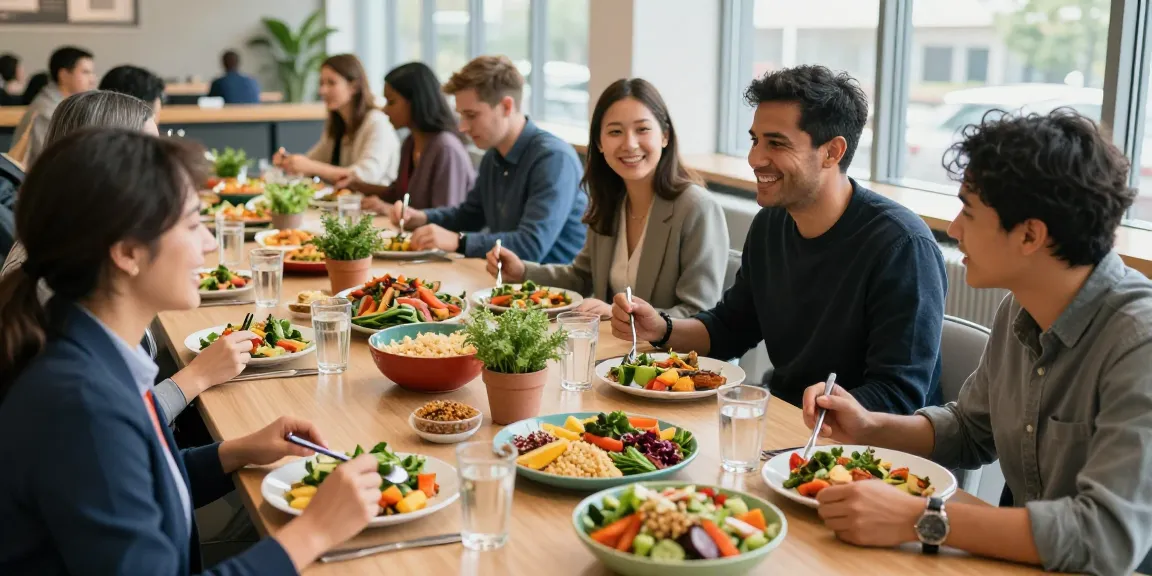 Medewerkers genieten van bedrijfscatering met een bedrijfscateraar en mediterrane gerechten.