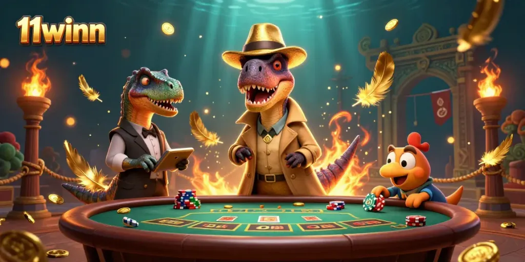 Experience 11winn's electrifying gameplay with cartoon dinosaurs at a blackjack table