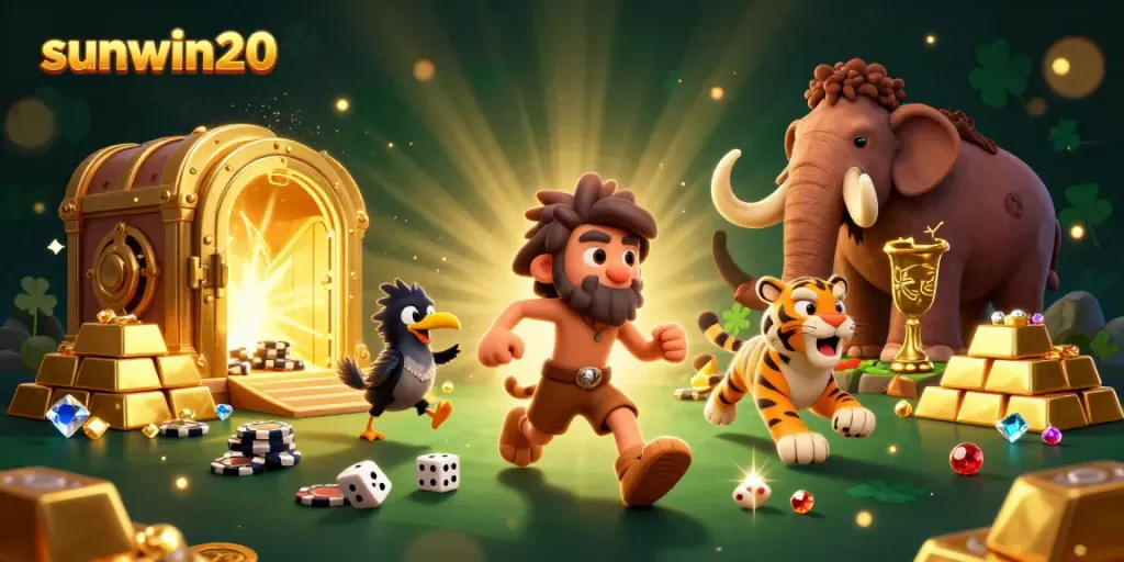 Experience the excitement of sunwin20 at a vibrant prehistoric casino with dazzling gems and treasures.