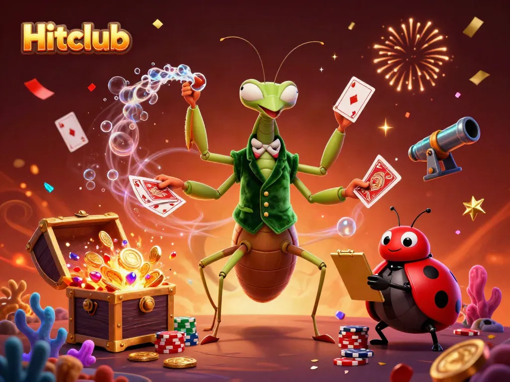 Hitclub showcases thrilling casino excitement with a giant mantis card dealer and ladybug pit boss in a dynamic 3D gaming scene.