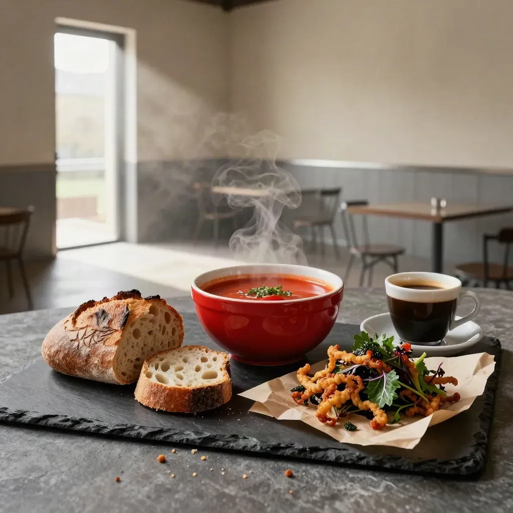 Tomatensoep, zuurdesem, kibbeling en espresso op steen in leeg restaurant