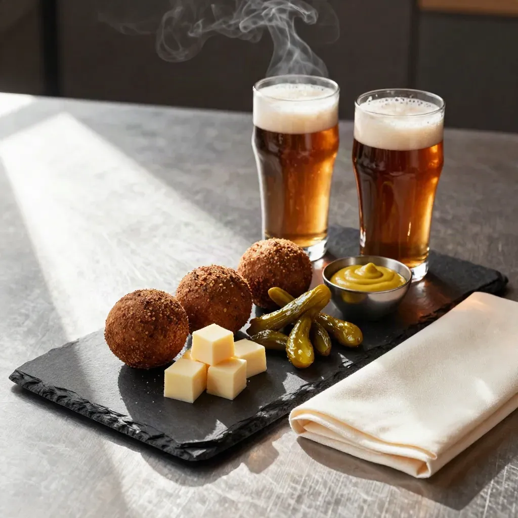 Borrelplank met bitterballen, kaas en bierglazen met schuim op een Haagse bar.