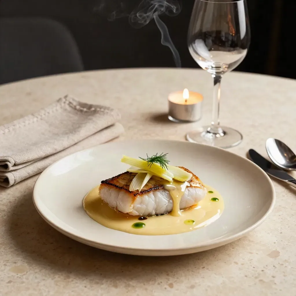 Elegante visschotel op travertijnen tafel met glaswerk, servet en kaarslicht in warme waas