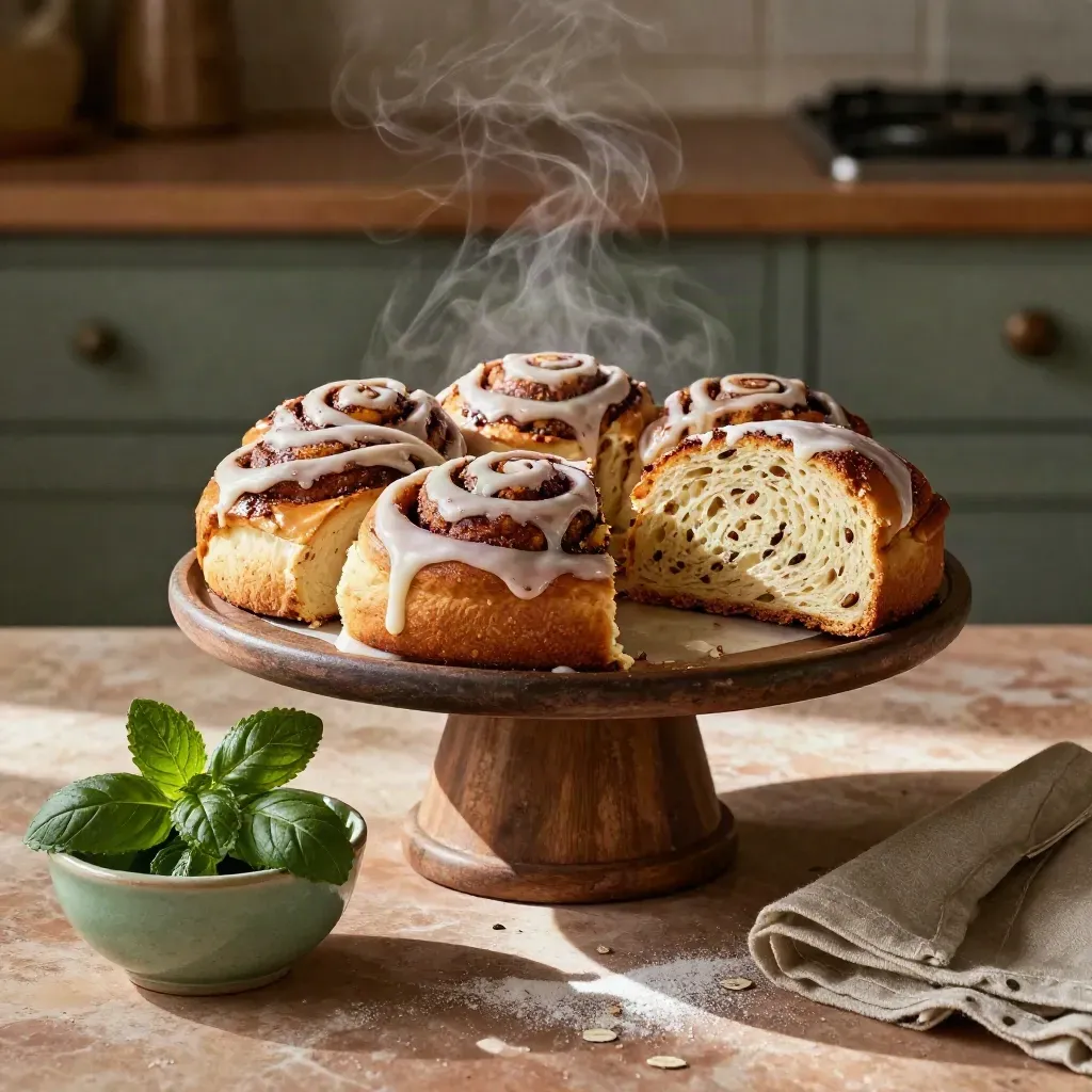 Rustieke cake-stand met kaneelbroodjes, glazuur, taartpunt en muntblad in warm baklicht.