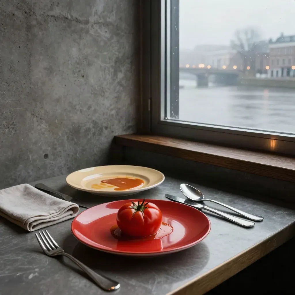 Late-night bistrohoek in Rotterdam met borden, condens en bruglichten