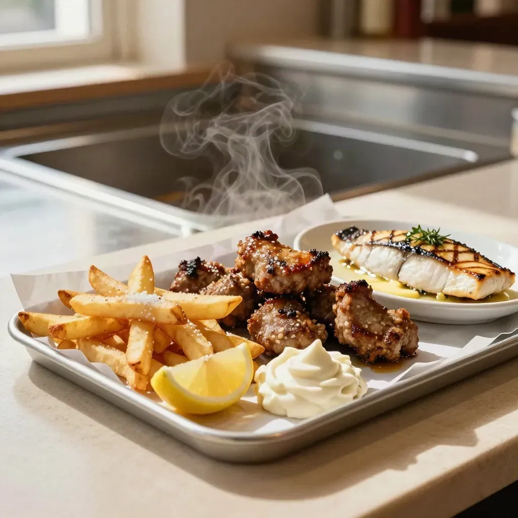 Kibbeling met friet, citroen, remoulade en gegrilde vis op een warme toonbank.