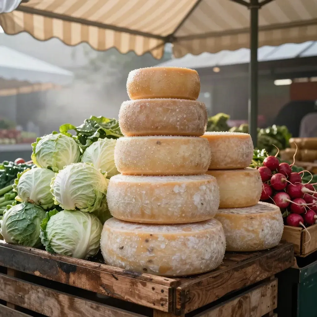 Vochtige marktstapel met kaas, kolen, radijs en kratten onder een gestreepte luifel
