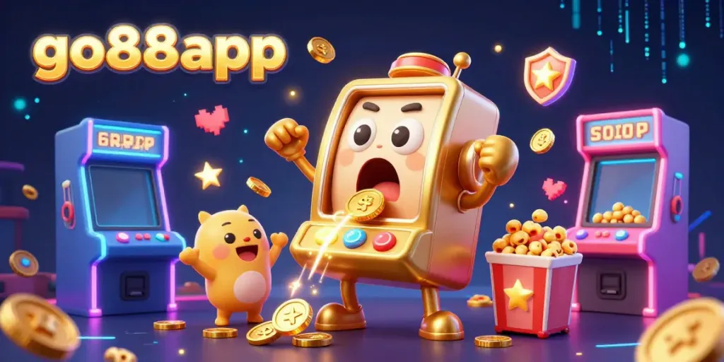 Experience thrilling moments with go88app, as the joyous golden slot machine celebrates winning with vibrant coins pouring out.