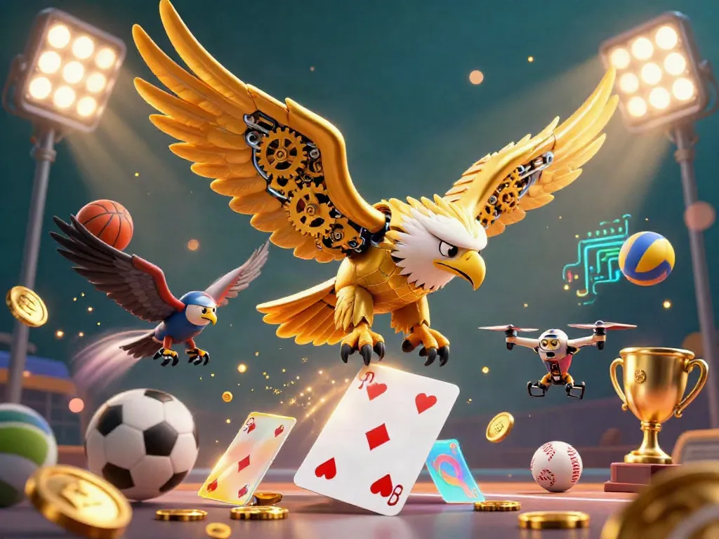 Experience thrilling gaming action with game bài hitclub, highlighted by a golden eagle soaring amid dynamic sports and casino elements.