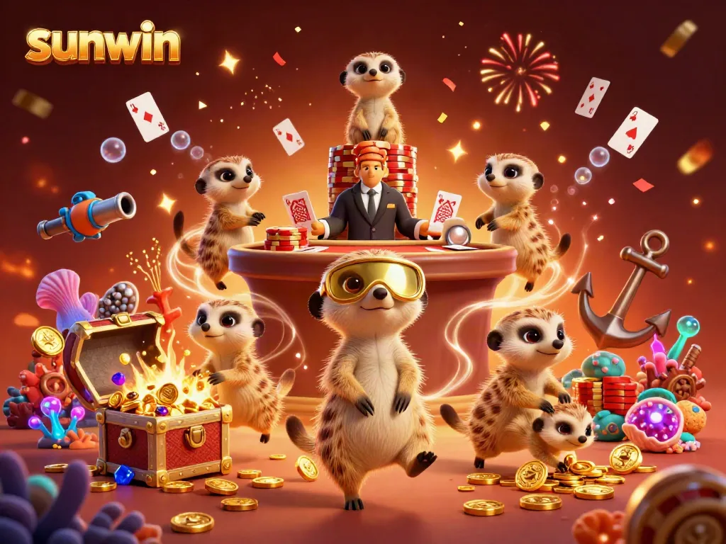 Experience the thrill of sunwin casino with meerkats running games in a vibrant, colorful scene.