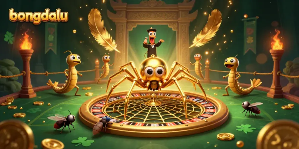 bongdalu showcases a thrilling scene of a spider and fly in a casino-themed web with golden accents.