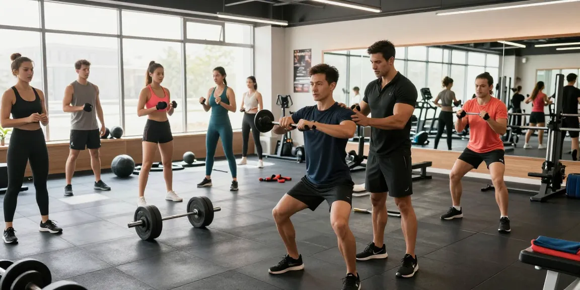 Bezoekers van Unique Pharma Steroïden Winkel in een moderne sportschool, training met diverse fitnessapparaten.