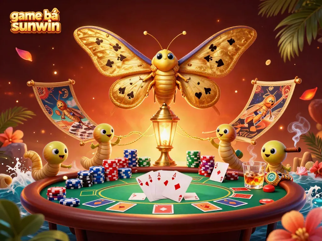 Experience game bài sunwin with vibrant 3D illustration featuring casino elements and a majestic moth centerpiece.