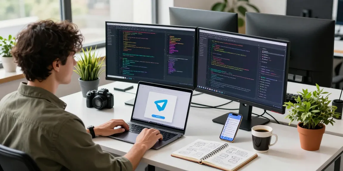 Download Telegram from the sleek desk of a tech workspace, showcasing productivity with dual monitors and a modern developer environment.
