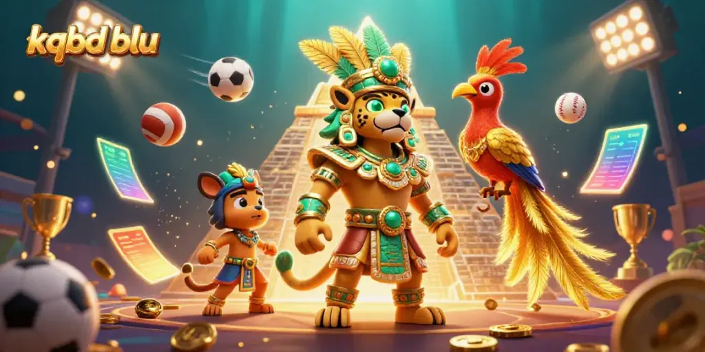 Engage with kqbd blu's dynamic sports betting scene featuring a Mayan priest, quetzal bird, and vibrant game elements.